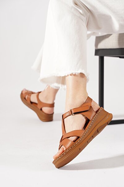 Moda Pie Rubodo cross strap genuine leather women's sandal with post - tan le...