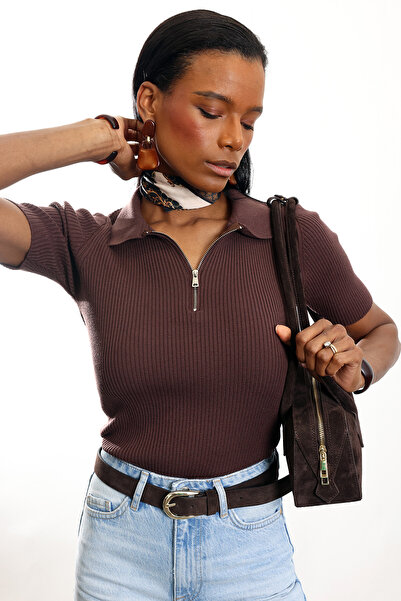 5in1Canpolat Tricotaj maro cu guler polo, cu mânecă scurtă, din tricot ribat