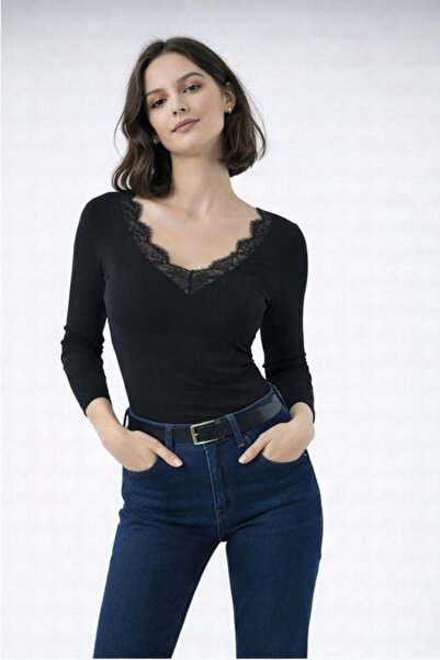 LOVES AGAZA Lace Trimmed V-Neck Viscose Blouse