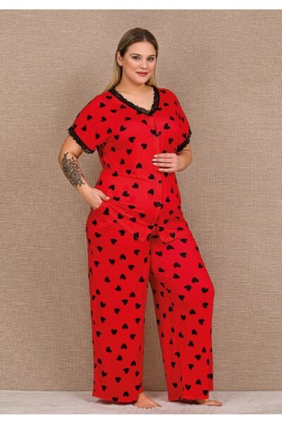 by İGP Red Heart Short Sleeve Wide Leg Plus Size Women's Pajama Set with Pockets