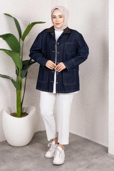 MİSSKAYLE Collar Detailed Denim Jacket Dark Blue