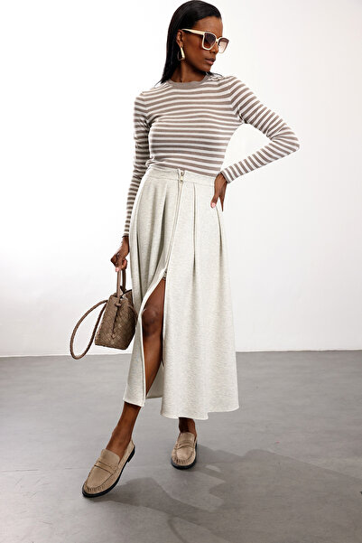 5in1Canpolat Gray Front Zippered Flared Skirt 0024