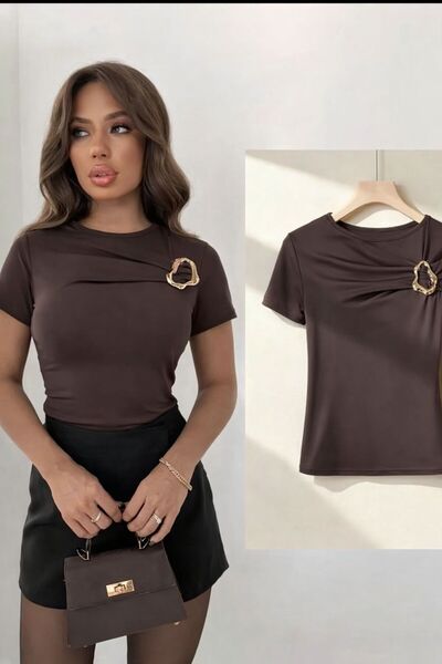 peri tower New Season Women's Sandy Short Sleeve Blouse with Buckle Chest Det...