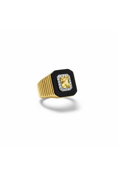 rosen accessories Siyah Plakalı Ortası Zirkon Taşlı Gold Yüzük