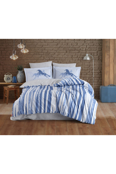 FIONNA.RO 100% Cotton Poplin Duvet Cover Set HOBBY - Blue Horses