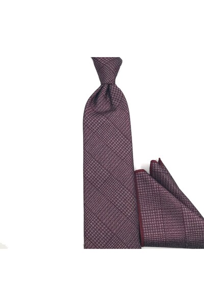 Sade Kravat Soft Bordo Mürdüm Ekoseli Mendilli Kravat 33042 Bordo