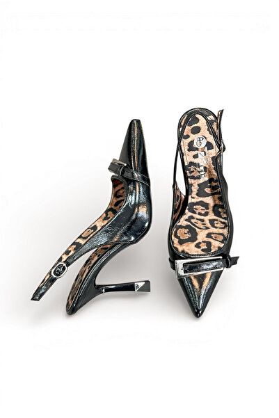 HANZE Kadın Siyah Yüksek Topuk Stiletto Aksesuarlı Leopar Yeni Sezon Yarı Par...