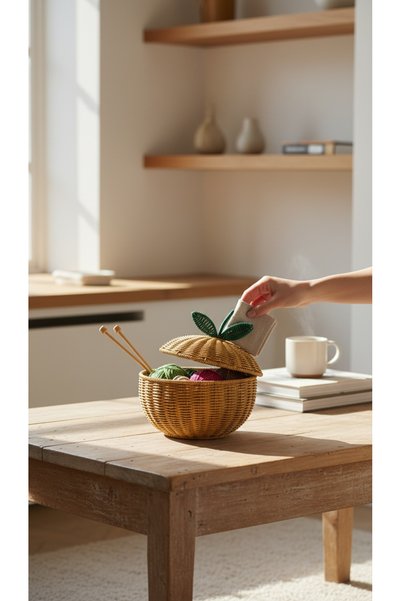 zezedesing Recipient de depozitare din ratan cu design Apple, tricotat manual - Suport pentru fructe cu capac și organizator de bucătărie multifuncțional