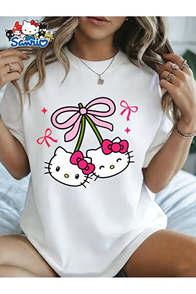 oneagılyazı Hello Kitty majica sa kravatom i mašnom u boji trešnje, ženska ma...