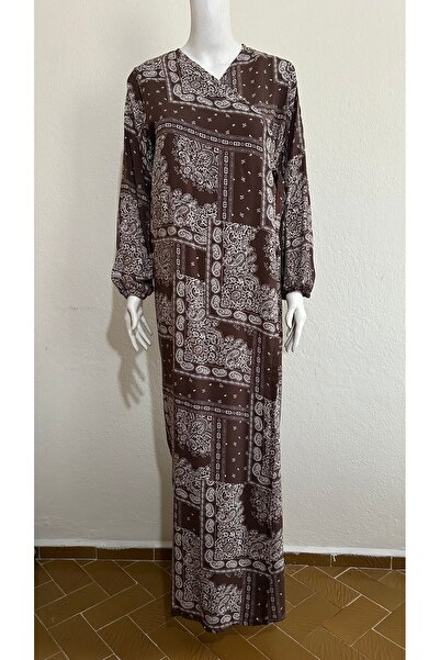 GİZGİYİM Brown Patterned Side-Tie Prayer Dress Plus Size