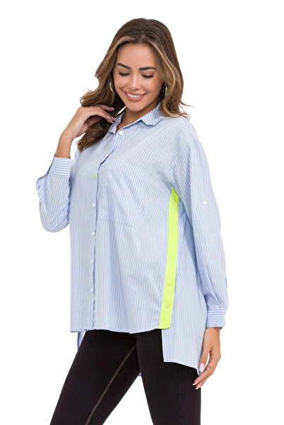 MetuCA Women's Blue Striped Neon Detailed Oversized Linen Shirt with Foldable...