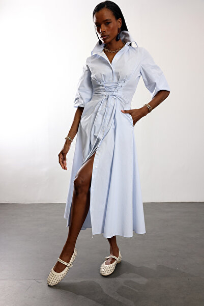 5in1Canpolat Blue Pleated Asymmetrical Dress 12404