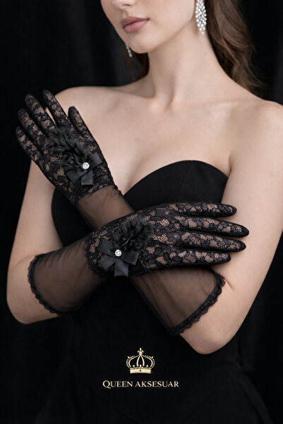 QUEEN AKSESUAR Black Lace Tulle Gloves with Feather and Stone Details, a Styl...