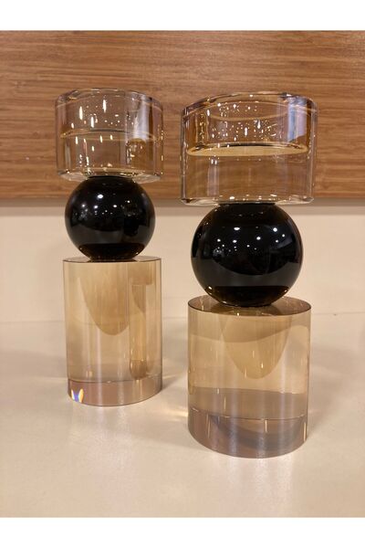 PLUS HOME MUMLUK 2'Lİ ŞAMDAN KRİSTAL SİLİNDİR MODEL RENK BAL SİYAH YÜKSEKLİK ...