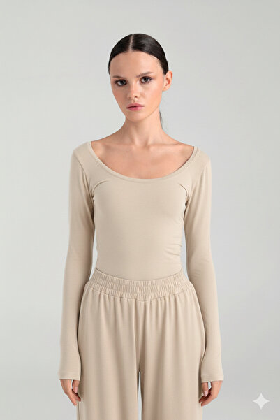 SHEISMONO Bluză ultra moale cu guler oval, bej