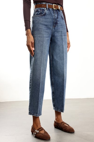 5in1Canpolat Yıkamalı Mavi Kemerli Baggy Jean 3010