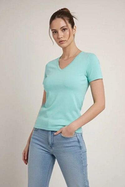 civetta T-Shirt V-Neck Slim Fit Lycra T-Shirt Daily Basic Body - Turquoise