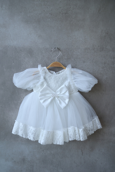 İnce Bebe Kız Bebek Dantel Detaylı Tül Etekli Abiye Elbise Beyaz 6-24 Ay