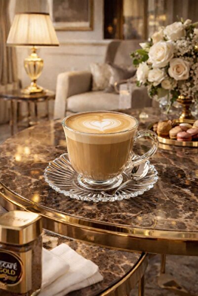 çukurova home Kulplu ve Tabaklı Kristal Çay - Kahve Kupası 12 Parça 6 Kişilik