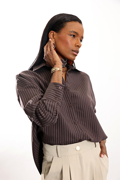 5in1Canpolat Bitter Brown Striped Draped Shirt 1030