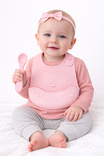 NO NAME Set Bavetă + Linguriță din Silicon pentru Bebeluși 6+ luni – Roz