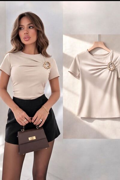 peri tower New Season Women's Sandy Short Sleeve Blouse with Buckle Chest Det...