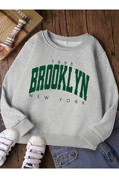 Baxia Girls' Circular Neck Brooklyn Printed Sweatshirt Beige Pink Black Gray ...