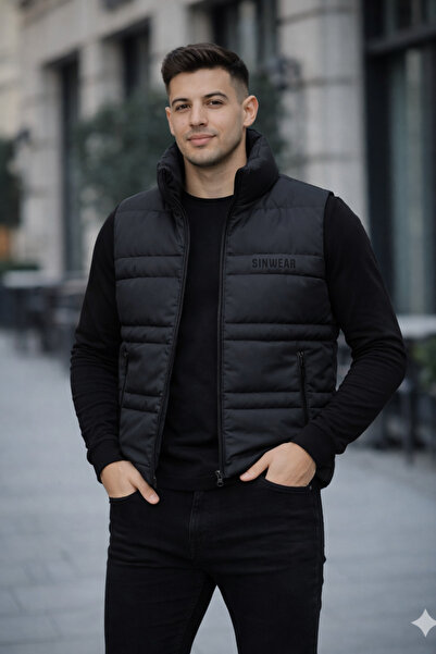 PENGORA Men's Black Puffer Vest Stand Collar Regular Fit Casual