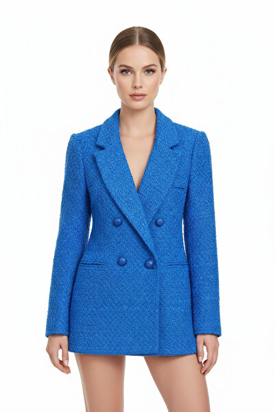 SONGÜLBERİK Women's Saks Blue Double-Breasted Textured Tweed Jacket