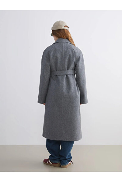 LC Waikiki Gray Belted Double-Breasted Collar Women's Cashmere Coat