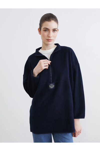 LC Waikiki Navy blue Printed Oversized women's plush sweatshirt tunic