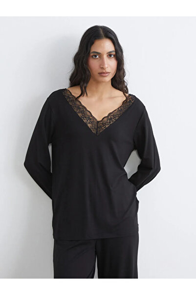 LC Waikiki Black V-Neck Lace Detailed Women's Pajama Set