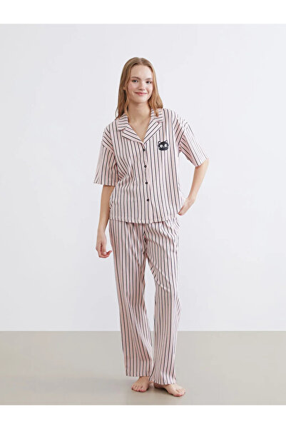 LC Waikiki Pink Shirt Collar Striped Women's Pajama Set