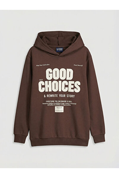 LC Waikiki Brown Hooded Printed Boy's Tracksuit Set