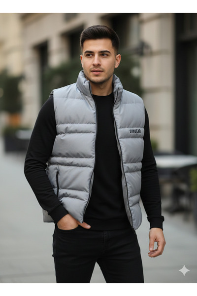 PENGORA Men's Gray Puffer Vest Stand Collar Regular Fit Casual