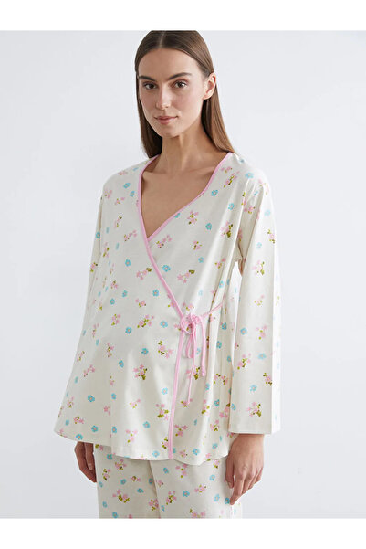 LC Waikiki Ecru Double-Breasted Collar Floral Maternity Pajama Set