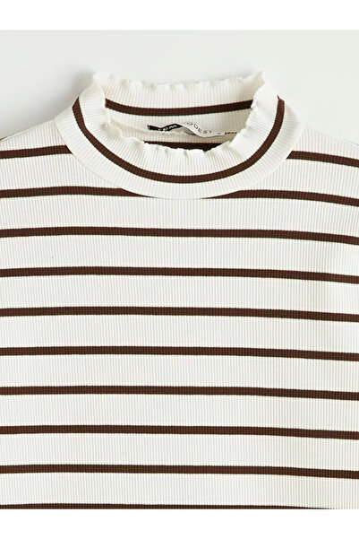 LC Waikiki Brown Stand Collar Striped Women's Bodysuit