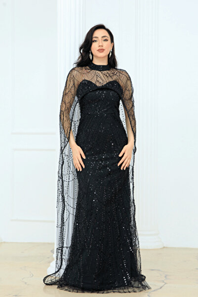 BEYBOS Full Beaded Cape Detailed Long Evening Dress - Black