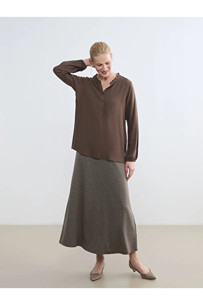 LC Waikiki Brown Plaid A-Line Skirt with Elastic Waistband