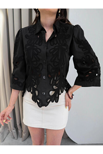 MetuCA Women's Black Leaf Patterned Laser Cut Embroidered Scalloped Cotton Li...