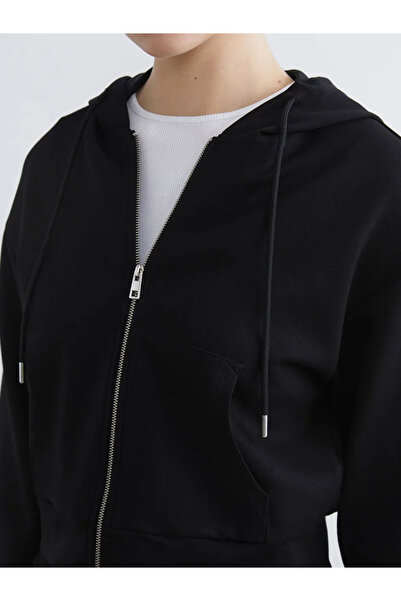 LC Waikiki Μαύρο με κουκούλα Soft Touch γυναικείο φούτερ με φερμουάρ