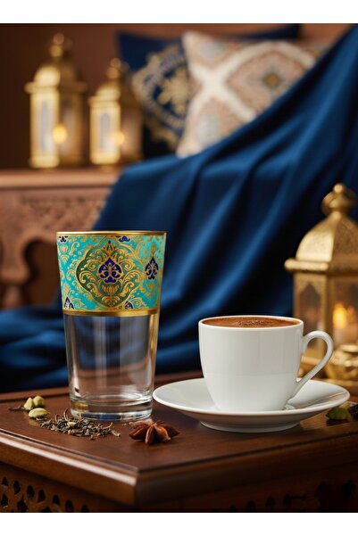 SAMSA Paşabahçe 90 Cc Gold Gilded & Green Patterned 6-Piece Coffee Water Glas...