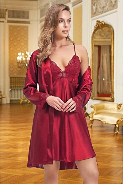 Nurteks 8657 طقم كيمونو حريري ساتان بلون بوردو