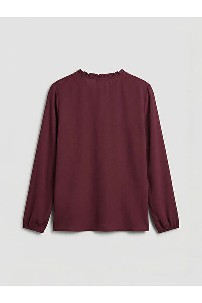 LC Waikiki Burgundy Ruffled Mock Neck Blouse