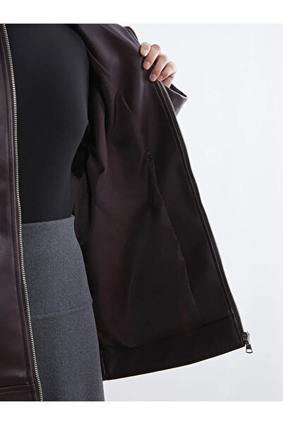 LC Waikiki Burgundy Shirt Collar Oversized Women's Leather-Look Jacket