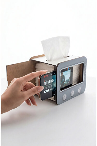 Işıl Concept حامل مناديل خشبي مع حامل هاتف، حامل مناديل بتصميم ريترو مع رف ها...