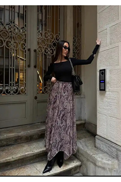 MG trend shop Asimetrik Kesim Şal Desen Şifon Etek