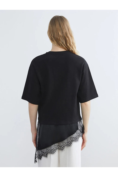 LC Waikiki Black Crew Neck Women's T-Shirt with Lace Detail