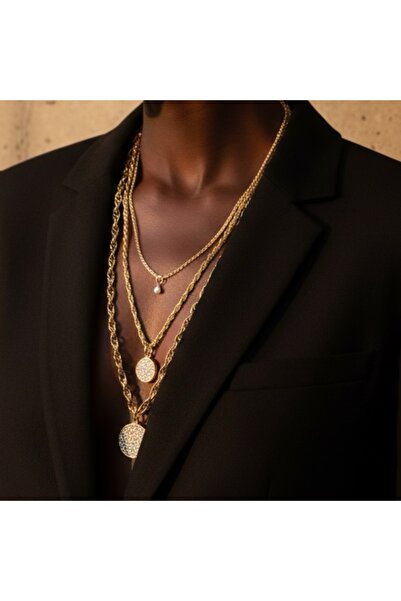 COCOSH TAKI Gold Color Stone Charmlı Three Layer Multiple Long Necklace