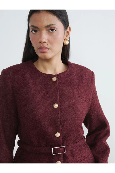 LC Waikiki Burgundy Crew Neck Women's Tweed Jacket